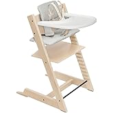 Stokke Tripp Trapp High Chair with Tray and Cushion, Natural/Nordic Grey | Includes Chair, Baby Set, Removable Harness, Tray, Cushion, for Ages 6-36 Months, Solid Wood, Holds up to 300 lbs