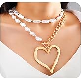 Chunky Large Heart Pearl Pendant Necklaces Set for Women Exaggerated Y2k Love Pearls Choker Necklaces Big Silver Statement Heart Necklaces Jewelry