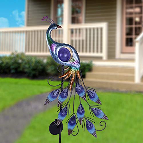 TERESA'S COLLECTIONS Metal Peacock Garden Decor Solar Lights with Crackle Glass Ball, Solar Peacock Stake Lawn Ornaments… - Image 4