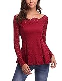 iClosam Women Sexy Off Shoulder A-line Long Sleeve Floral Lace Shirt Tops, Wine Red, Large