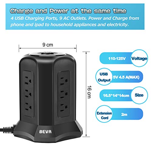 BEVA Power Strip Tower with 9 AC-Outlets and 4 USB Charging Ports Switch Control,Surge Protector Desktop Power Strip Charging Station 6 ft Extension Cable for Office and Home Black
