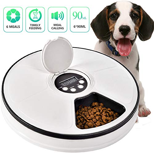 Automatic Pet Feeder Cats Dogs, 6 Meal Trays Dry Wet Food Dispenser with Voice Remind,LCD Smart Programmable Timed Self Container Digital Clock Portion Control