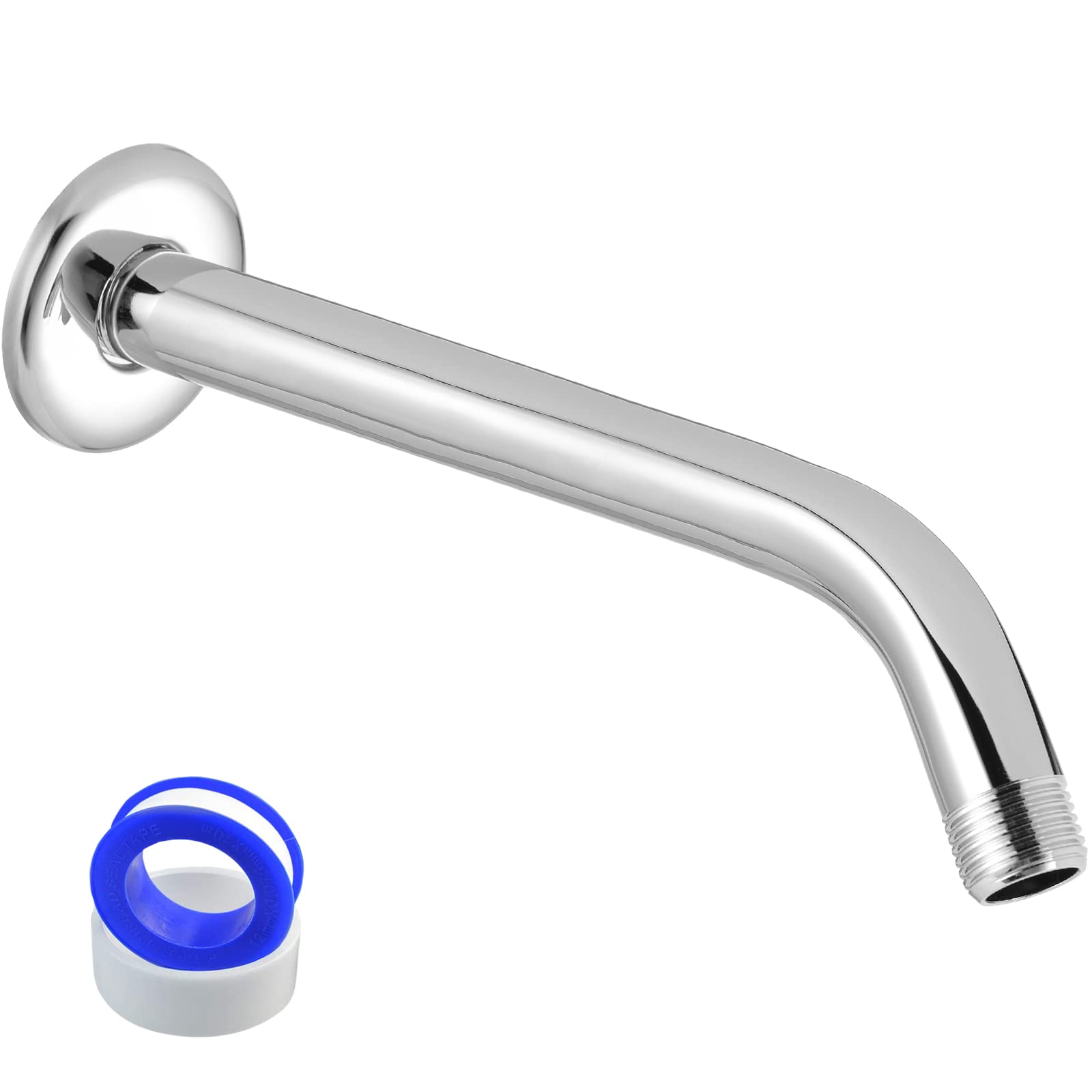 Shower Arm with Flange and Teflon Tape, Voolan 10'' Extension Shower Head Arm for Bathroom Fixed Shower Head, Solid Stainless Steel, Wall Mounted (Chrome)