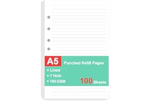 CHEERICOME 7-Hole Lined Refills Paper, A5 Filler Paper for Planner Inserts, A5 Loose Leaf Paper, 7 Hole Refills, 100 Sheets/200 Pages, College Ruled, 5.5 X 8.5 Inch (White Paper, 100 Sheets)