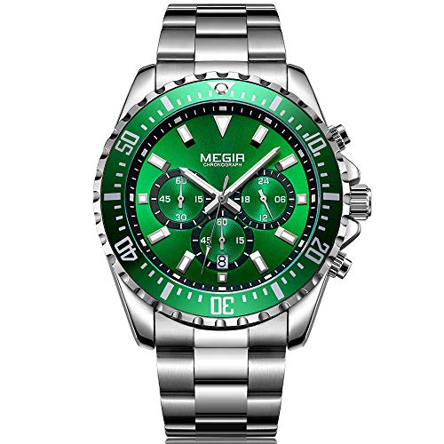 MEGIR Large Green Face Watches for Men Chronograph Quartz Wristwatch Men's Stylish Watch with