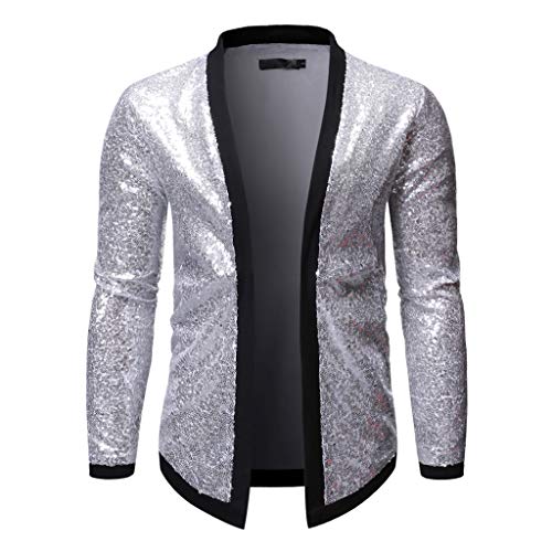 Fashion Men's Casual Slim Fit Cardigan Coat Long Sleeve Outwear Sequin Jacket Silver