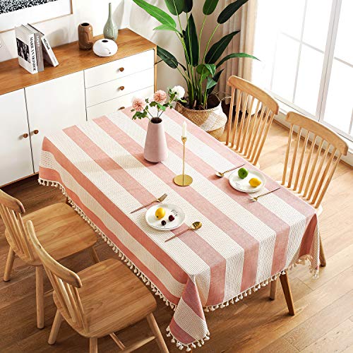 AmHoo Striped Tassel Cotton Linen Tablecloth Washable Rectanglar Table Covers for Kictchen Dining Table Decoration,54 x 86 inch, Orange