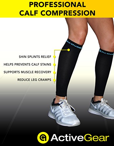 Calf Compression Sleeves - Men and Women Leg Support Socks - Black/Blue S/M (One Pair)