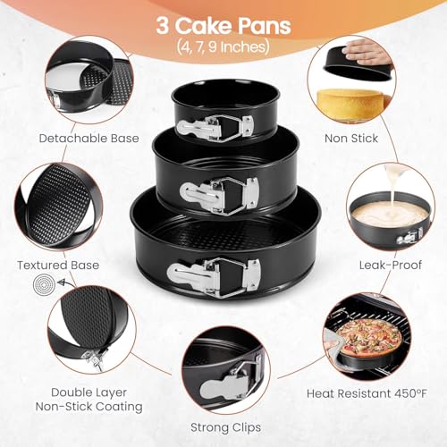 RFAQK Cake Tins for Baking 100 Pcs Springform Cake Tins Kit Includes 3 Round Non-Stick Cake Pan (4,7,9 inches Baking Tins)-Piping Bags and Nozzles-Leveler–Leak Proof Cheesecake Tin-Bakeware & EBook…