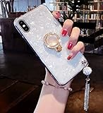 Lozeguyc iPhone XS Max Luxury Shiny Ring Stand Case,Soft Silicone TPU Shockproof Beauty Bling Full Body Case with Rhinestone Pedant and 360 Degree Rotating Big Pearl Stand for iPhone XS Max-White