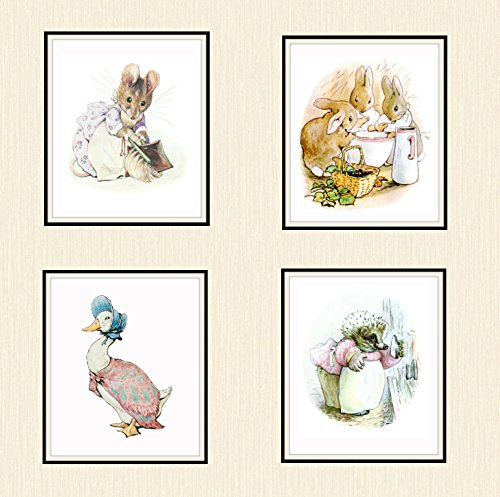 Set of 4 Beatrix Potter Print Reproductions, Unframed Peter Rabbit and Friends, Jemima Puddle Duck, Mrs. Mouse, Mrs. Tiggy Winkle and Bunnies Nursery Baby Prints, Shower Gift 8 x 10