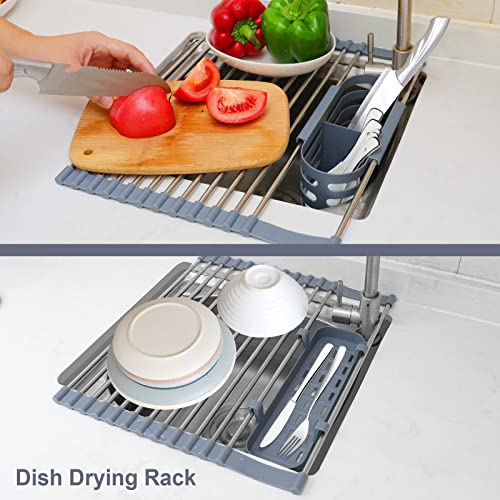 Expandable Roll up Dish Drying Rack - Over The Sink Drying Rack with 2 Utensil Racks, Multipurpose SUS304 Stainless Steel Roll up Sink Rack, for Cups Fruits Vegetables Tableware. Dishwasher Safe
