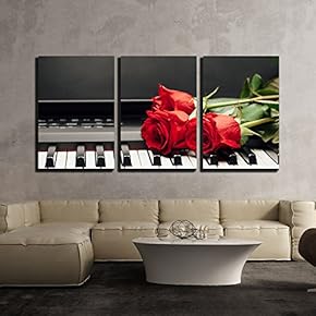 3 Piece Canvas Wall Art - Piano Keys and Red Rose with Copy-Space - Modern Home Art Stretched and Framed Ready to Hang - 16"x24"x3 Panels