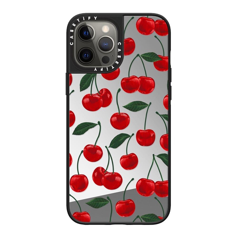 CASETiFY Mirror iPhone 12 Pro Max Case [Reflective / 4.9ft Drop Protection/Compatible with Magsafe] - vibrant red cherry pattern - Silver On Black