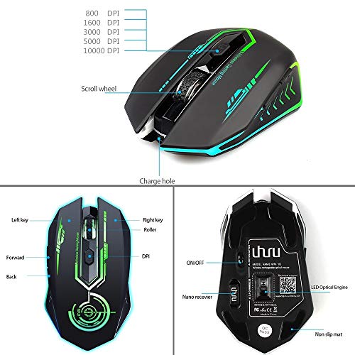 Wireless Gaming Mouse Up to 10000 DPI, UHURU Rechargeable USB Wireless Mouse with 6 Buttons 7 Changeable LED Color… - Image 2