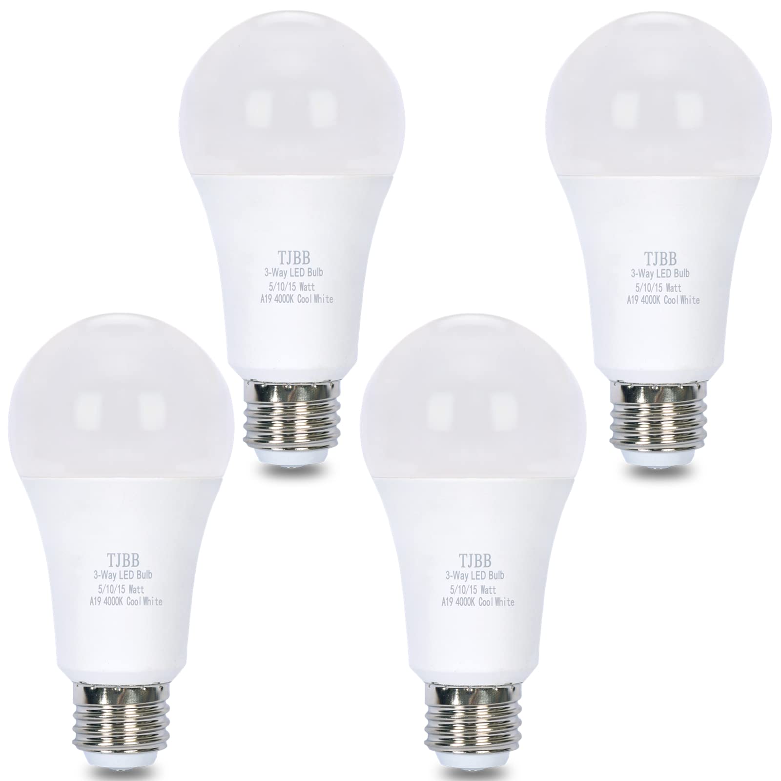 Photo 1 of 4 Pack A19 E26 3-Way LED Light Bulbs, 5W=50W / 10W=100W / 15W=150W Equivalent, 4000K Cool White, 700/1400/2100 Lumens, Three Way Energy Saving Bulbs Non-Dimmable