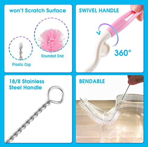 15Pc Food Grade Multipurpose Cleaning Brush Set, Includes Straw Brush|Nipple Cleaner|Bottle Brush|Blind Duster|Pipe Cleaner, Small,Long,Soft,Stiff Kit for Baby Bottles,Tubes,Jars,Bird Feeder