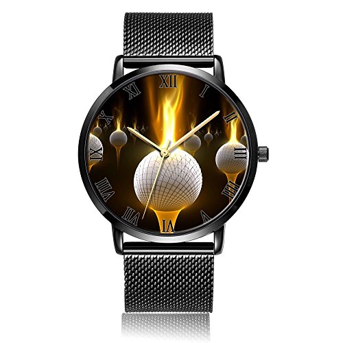 Fire Golf Balls Wrist Watch, LONHAO Unisex Customized Stainless Steel Waterproof Wrist Watch With Black Silver Steel Band