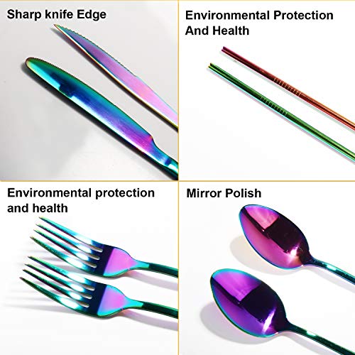 Silverware Set,WOAIWO-Q 28 PCS Stainless Steel Flatware Set for 4 People, Cutlery With Wire Mesh Holder Storage Trays Mirror Polish,Dishwasher Safe (Rainbow) - Thumbnail 2