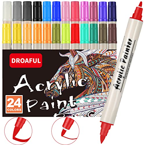 Dual Tip Acrylic Paint Pens-Markers，With Fine Tip Brush Tip, 24 Color Waterproof Paint Pens for Rock Painting, Stone, Ceramic, Glass, Wood, Fabric, Canvas, Porcelain, Metal,Non-Toxic and No Odor