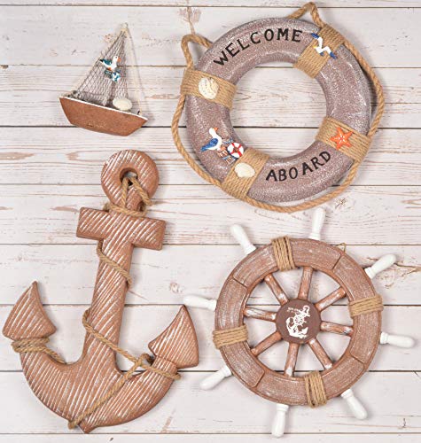 WOODEN NAUTICAL LIGHTHOUSE ANCHOR WALL HANGING ORNAMENT, BEACH WOODEN BOAT SHIP STEERING WHEEL WALL DECOR, NAUTICAL LIFE…