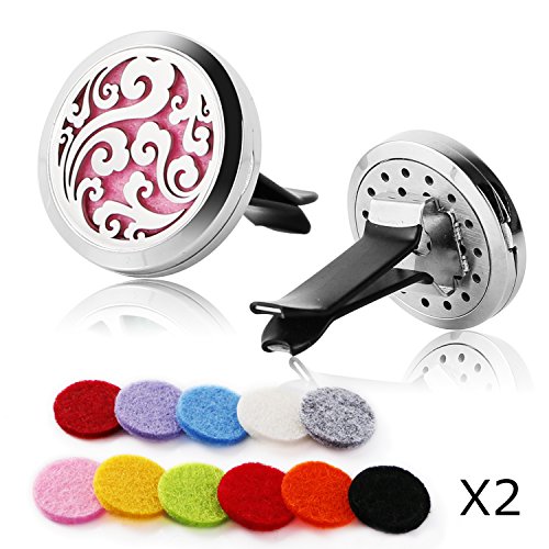 2 Pack Premium Car Fragrance Essential Oil Perfume Diffuser â€” Stainless Steel Air Freshener Locket Ugprade Car Vent Clip 22 Replacement Felt Pads, Cloud and Sunflower