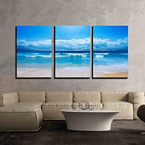 3 Piece Canvas Wall Art - Gorgeous Beach in Summertime - Modern Home Art Stretched and Framed Ready to Hang - 16"x24"x3 Panels