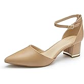 Pointed Toe Low Chunky Heels Pump Shoes Closed Toe Heels for Women Low Block Chunky Women Pumps with Ankle Strap 2.25 Inch Comfortable Wedding Pumps