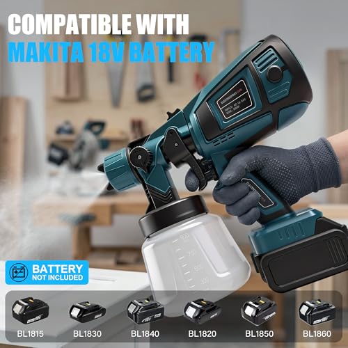 RAYLEEY Cordless Paint Sprayer Compatible with MAKITA 18V Battery, Electric HVLP Spray Gun, 1000ml Container, 3 Copper Nozzles, for Fences, Walls, Furniture (Tool Only)