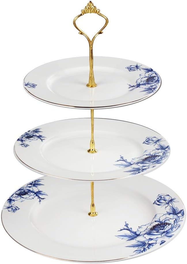 Porlien Gold Trimmed Blue Floral 3 Tier Cake Stand, Dessert Stand, Cupcake Stand