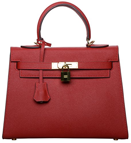 Women's Padlock Handbag Genuine Leather Taiga Top Handle Satchel Bag Cherish Kiss (28CM, Red)