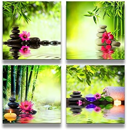 Canvas Prints Zen Art Wall Decor - Spa Massage Treatment Painting Picture Print on Canvas Framed Ready to Hang - Red Orchid Frangipani Bamboo Waterlily Black Stone in Garden - 4 Panel Giclee Art Work
