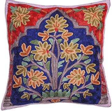 NovaHaat 100% Hand Embroidered Floral Bouquet Decorative Accent Pillow cover with Silk thread embroidery in Navy Blue and Maroon - every inch of the base fabric is covered with Kashmir Crewel Work fro