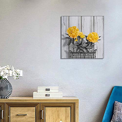 Yellow Flowers Wall Art for Living Room Decoration Three Peonies Blossoming in Glass Bottle Canvas Painting Black White Wooden Floral Prints Framed Beige Decor Picture 12×12 Inches Home Mural Artwork
