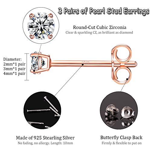 Sterling Silver Stud Earrings for Women Girls- 3 Pairs Tiny Ball Stud Earrings Round CZ Cubic Zirconia Earrings Set Cartilage Small Tragus Earrings(2mm,3mm,4mm) (CZ earrings(2mm,3mm,4mm)- Rose Gold)