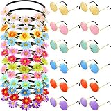 Bememo 24 Pieces Hippie Headband Glass Costume Set, Includes 12 Pieces Multicolor Lady Girl Flower Headbands, 12 Pieces Round Hippie Sunglasses for Festival Party