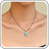 Allereyae Boho Turquoise Cross Pendent Necklace Black Leather Choker Necklace Turquoise Cross Necklace Cross Leather Necklace Adjustable Leather Cord Necklace Jewelry for Women