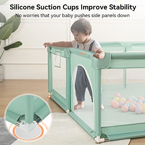 COMOMY Baby Playpen, 200 x 180 x 66 cm Baby Playpen with 50 Pit Balls, Mini Basketry and 4 Pull Rings, Baby Playpen with Soft and Breathable Mesh, Activity Center for Children, Green