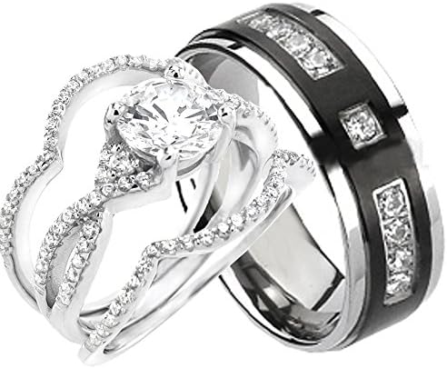 His and Hers 925 Sterling, Titanium Engagement Wedding Rings 4 Piece Set (His 8 Hers 7)
