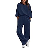 Fisoew Womens 2 Piece Lounge Sets Casual 3/4 Sleeve Tunic Tops Loose Wide Leg Pants Tracksuit Fall Travel Outfits