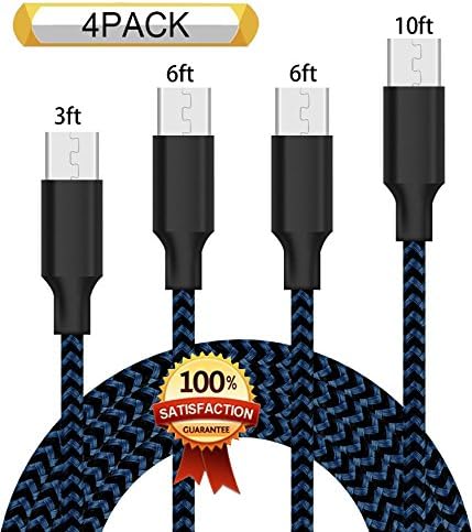 XIANDAN Micro USB Cable,4Pack 3FT 6FT 6FT 10FT Nylon Braided Android Charger USB to Micro USB Charging Charger Cord for Samsung Galaxy S7 Edge/S7/S6/S4/S3,Note 5/4/3 (Black&amp;Blue)