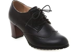 MIOKE Women's Lace Up Wingtip Pump Oxfords Brogues Perforated Chunky Block High Heel Vintage Dress Shoes