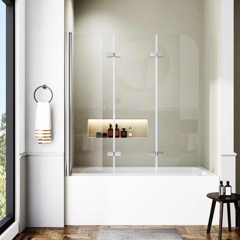 Photo 1 of Foskbaths Bathtub Shower Door, 48" W x 55" H Foldable Hinged Bathtub Glass Door Semi-Frameless Bypass 1/4" Tempered Glass Shower Door with Explosion-Proof Film Stainless Steel Chrome