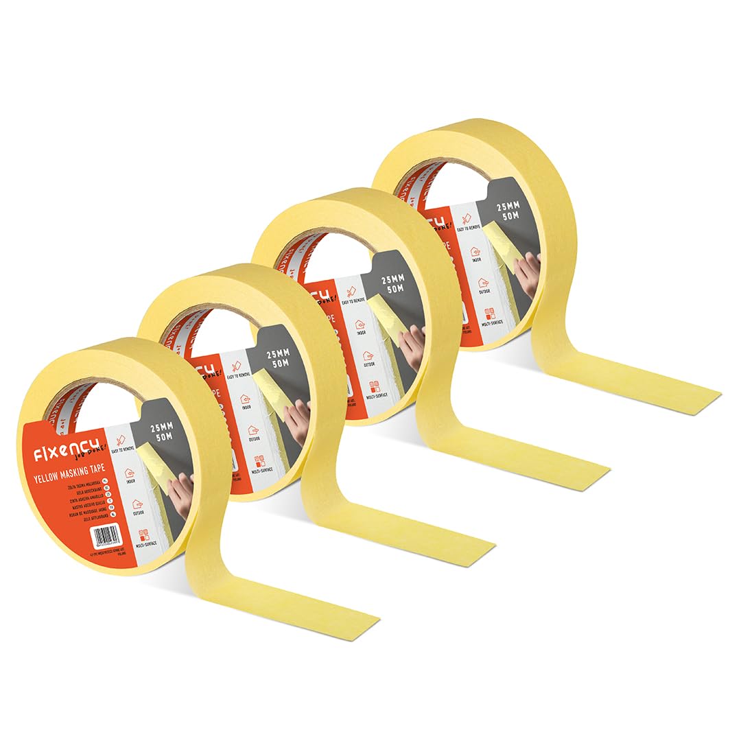 Fixency 4 x Painter's Masking Tape (25 mm x 50 m), Yellow Masking Tape for Painting and Renovations, Masking Tape for Painting, Painting, Renovating