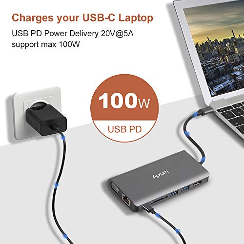 Alxum USB C Hub, 8-in-1 Type C Hub with 4K@30Hz HDMI, VGA, 100W USB-C Power Delivery, 2 USB 3.0 Port, RJ45 Ethernet, Micro SD Card Reader, Audio Output, Portable for Mac Pro and More Type C Devices.