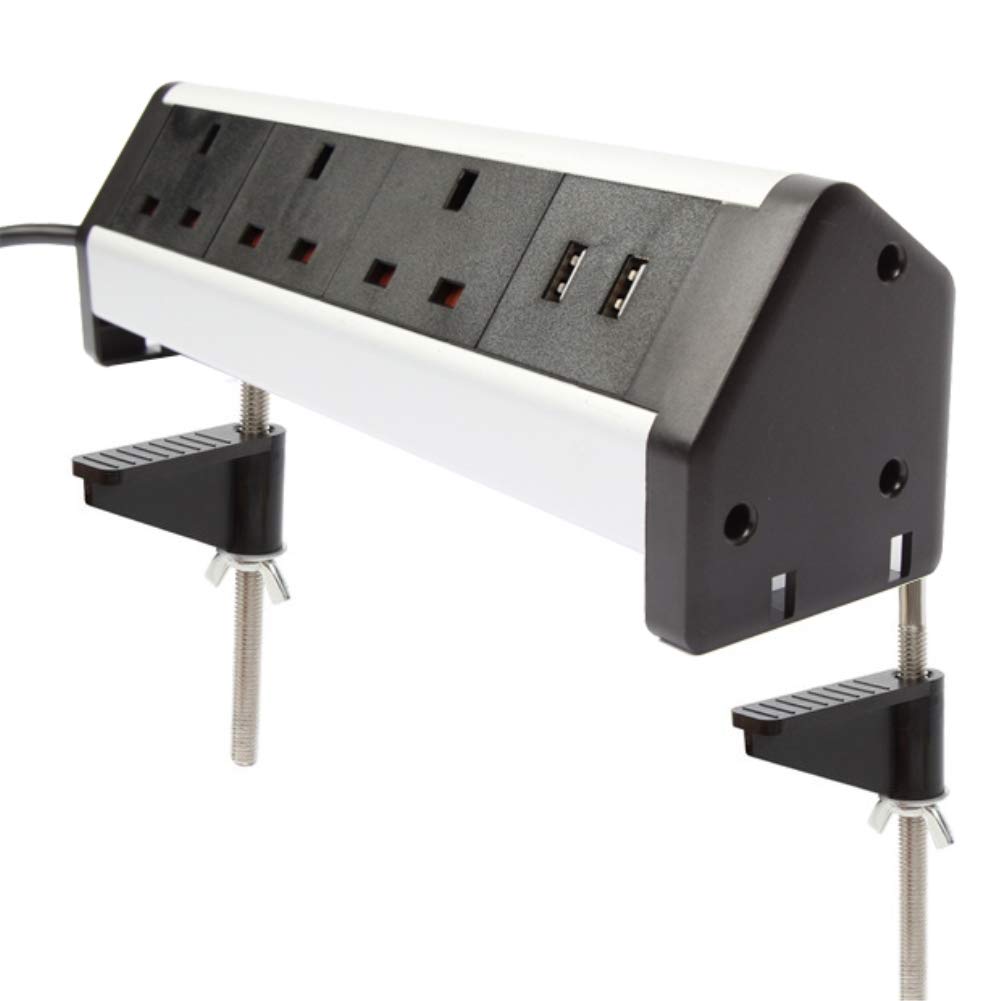 Desktop Power Socket Extension with 2 USB,3 UK Plug and 2 Mount Clamp
