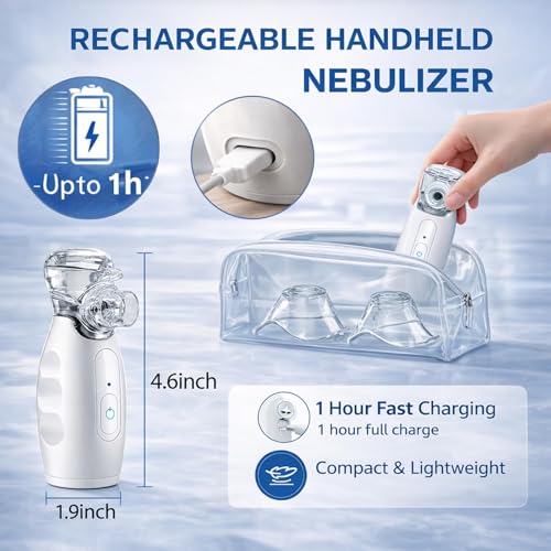 Obiredk ㅤHandheld Compressor Nebulizer for Adults & Kids, Quiet Mesh Nebulizer with 3 Mist Levels, USB-C Rechargeable, Self-Cleaning, Compact Travel Size - White