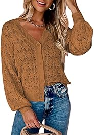 Dokotoo Cropped Cardigan Sweaters for Women Long Sleeve Crochet Knit Shrug Open Front V-Neck Button up Tops