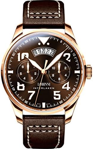 LOBINNI Mens Sport 5Bar Waterproof Genuine Leather Bracelet Business Pilot Dual Window Dial Automatic Self-Wind Mechanical Wrist Watch
