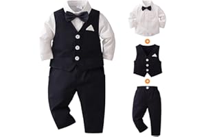 IDOPIP Toddler Kids Baby Boy Fall Winter Outfits Long Sleeve Shirt with Bowtie + Vest Waistcoat + Long Pants Overalls Clothes
